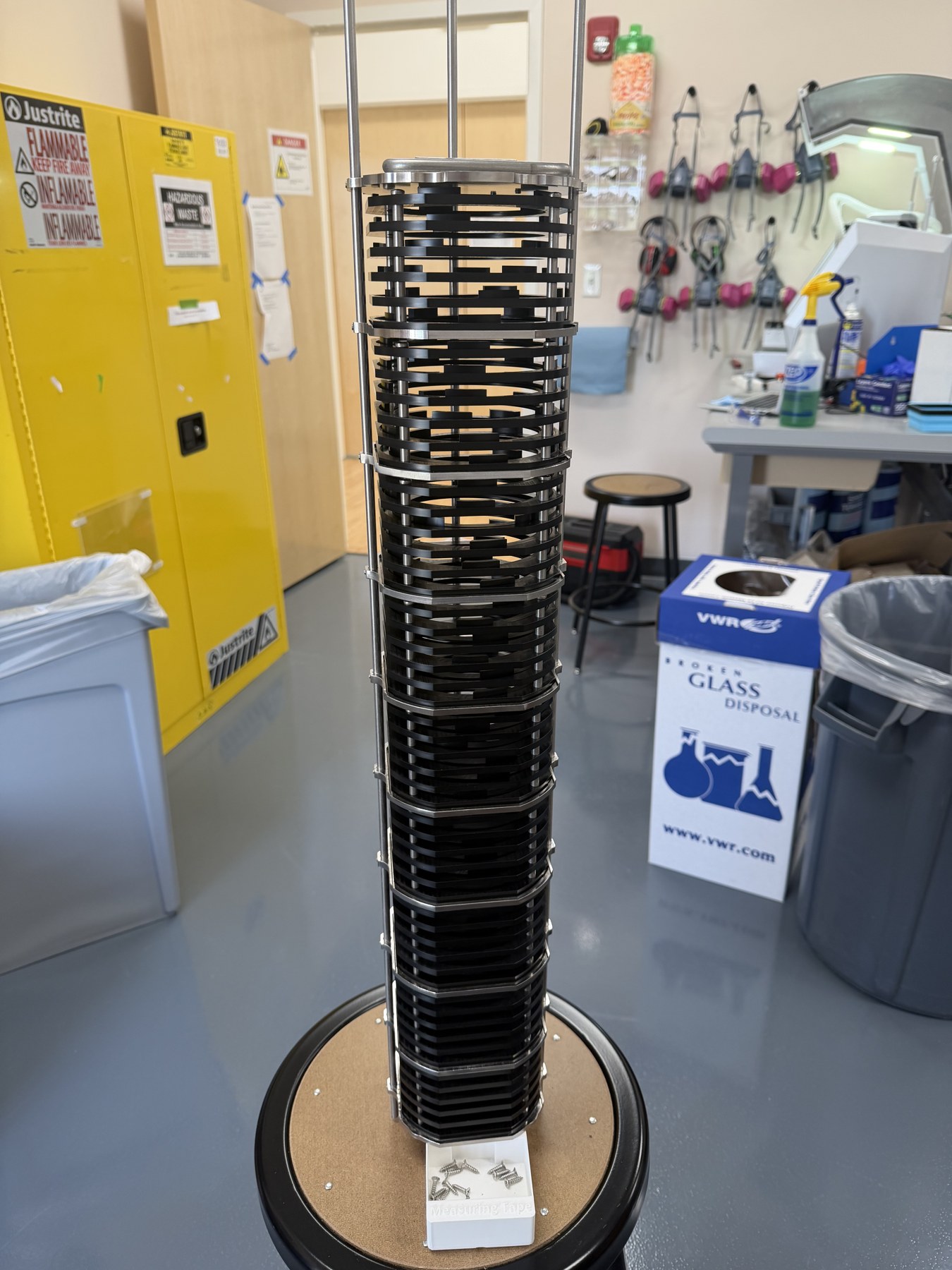 Assembled die production tower standing on a lab cart